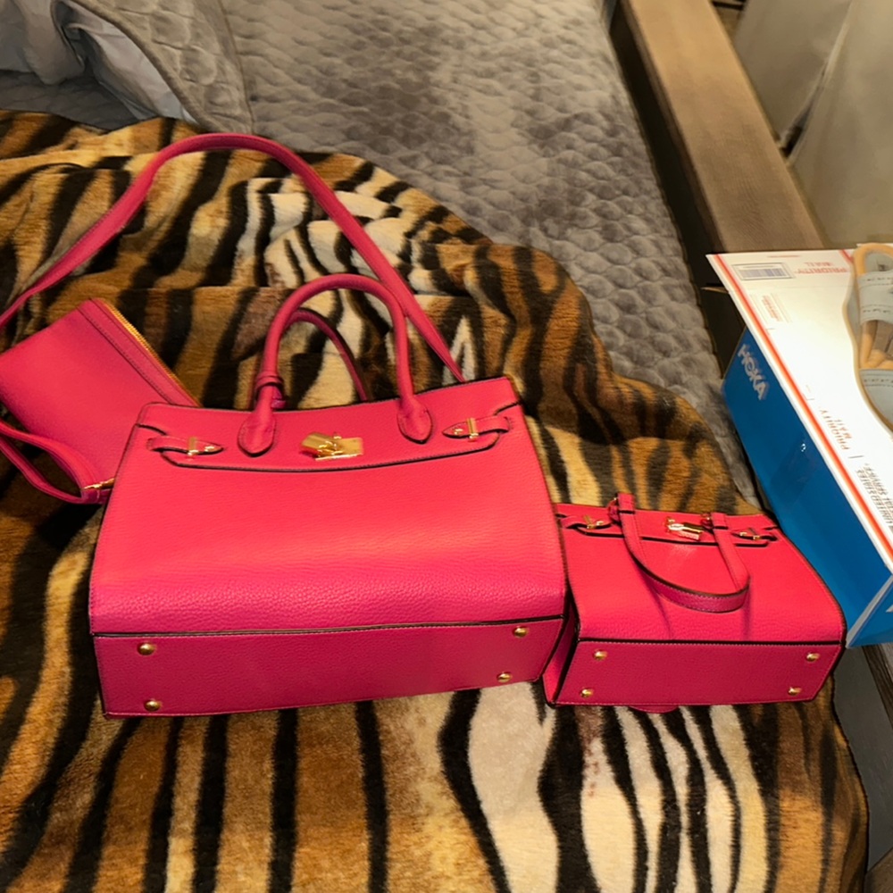 3 pcs. Set Vibrant Pink Leather Tote Bag- fake Birkin bag